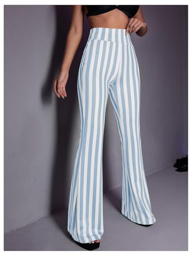 Women's Striped Flare Leg Pants Elastic High Waist Casual Trousers4