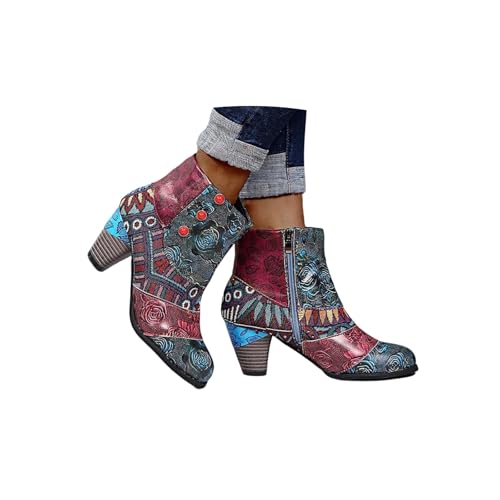 Botines bohemios para mujer, a la moda, de piel de serpiente, puntera redonda, botines de tacón alto, con cremallera lateral, botas cortas de plataforma para mujer, d, 37 EU