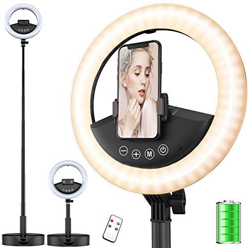 Rechargeable 10 Ring Light with Stand, 7200mAh Battery Operated LED Ringlight with Phone Holder, Foldable, 37H Working Time, Circle Lights for Selfie/Live Stream/Makeup/YouTube/TikTok/Photography