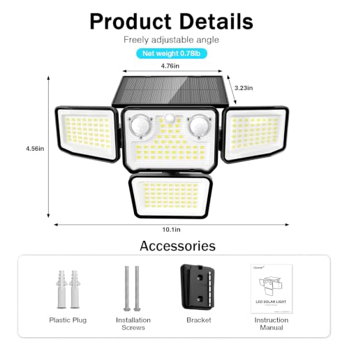SZPOWER 4500LM Solar Lights Outdoor Waterproof, 254 LED Solar Flood Lights Outdoor with 2 Motion Sensor, 4 Heads Security Light for Yard Outside House Garage 2 Pack - image 5