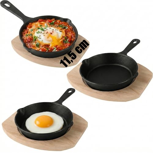 SHUESS 3er Set Gusseisenpfanne Klein Bratpfannen(Gusseiserne Pfanne 14cm) mit Holzbrett - Kleine Pfâ€¦ – Miniatur