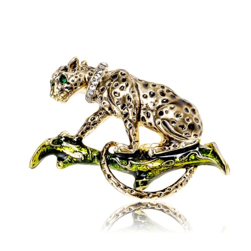 Vintage Enamel Spotted Leopard Brooch Rheinstone Cheetah
