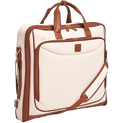 ZEGUR Premium Garment Bag Carry On for Women - Hangs Blazers, Pantsuits & More - Travel Bag with Shoulder Strap and Laptop Compartment (Beige with Saddle Brown Leather)