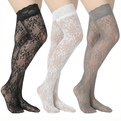 Zelphvt 3 Pcs Women's Long Lace Knee High Socks Laces Boot Socks Lace Thigh High Stockings with Laces Fishnet Mesh Lolita Boot Sock