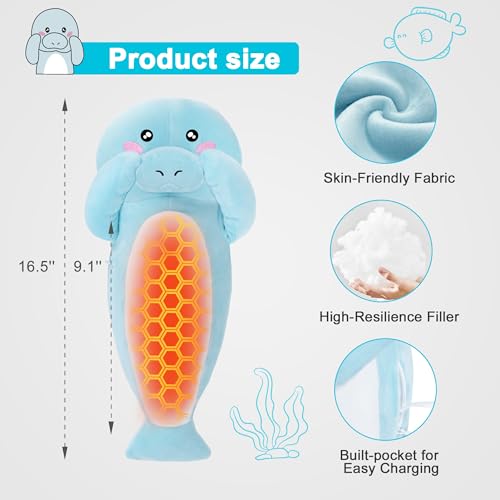 Image of Manatee Heating Pad Plush, USB Powered Electric Heated Stuffed Animal, Cute Sea Cow Plush with 3 Heat Levels & Timer, Soft Warm Ocean Animal Cushion Gift for Mom Women Teen Girls