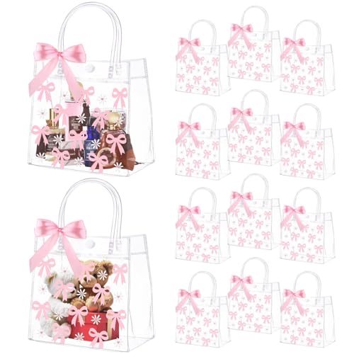 TELAIN 12 piezas de bolsas transparentes rosas con asa, lazo coqueto y margaritas, bolsas de regalo para fiesta, boda, cumpleaños, baby shower, Día de San Valentín, Día de la Madre