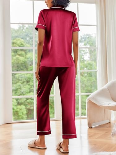 Image of Ekouaer 2 Piece Satin Short Sleeve Pajamas Set Button Down Sleepwear | Soft Pjs Set Classic Loungewear for Wedding, Party, Home, Daily Wear, Date Nights
