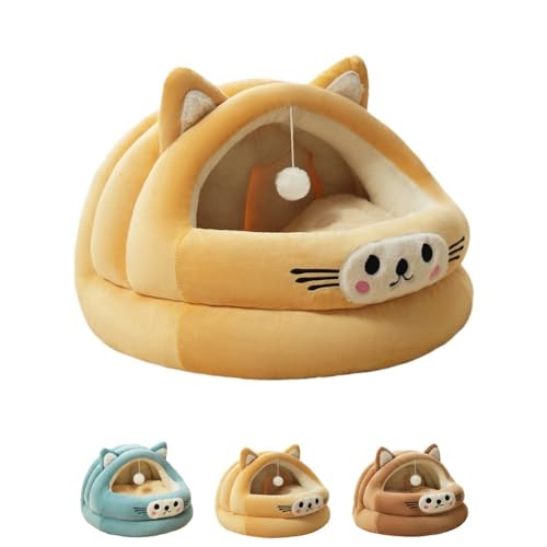 SJGEIDM 猫 ハウス ベッド ペット用寝袋 ドーム型 キャットハウス 小型犬 猫用 犬猫兼用 暖かい ふわふわ 折りたたみ式寝マット マット クッション 保温防寒 猫犬小動物用 室内用厚み 冬 寒さ対策 可愛い おしゃれ ブラウン (イエローミャオミ