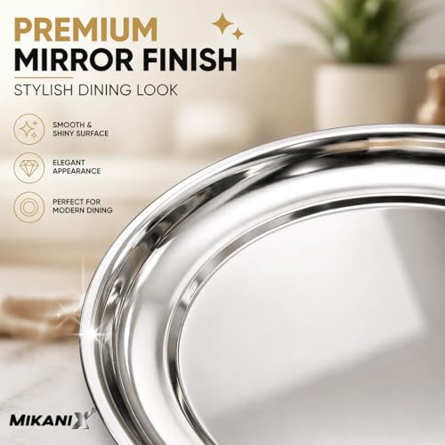 Image of MIKANIX Stainless Steel Dinner Plates | Heavy Duty Steel Thali | Food Grade, Rust Resistant, Durable Dinner Plates | Round Serving Plates for Kitchen, Dining, Home Use (Pack of 4)