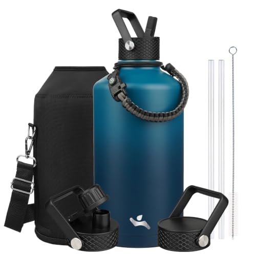 Image of Konokyo Gallon Insulated Water Bottle with Straw,128 oz 3 Lids Water Jug with Carrying Bag,Paracord Handle, Double Wall Vacuum Stainless Steel Metal Flask,Indigo Black
