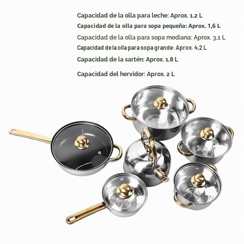 Juego de Ollas y Sartenes de Acero Inoxidable de 12 Piezas, Juego de Utensilios de Cocina Profesionales conDorado, Sartén Resistente Al Calor Fácil de Limpiar para Todas Las