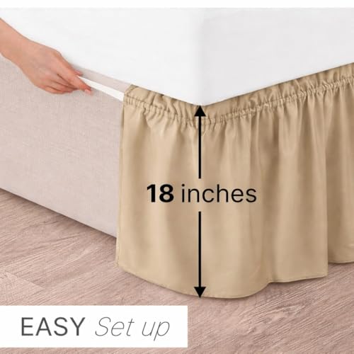 Image of Bed Skirt - Wrap Around Dust Ruffle Bed Frame Cover with Easy Fit Elastic Strap, Queen Size 24 Inch Drop, Microfiber Pleated, Machine Washable | Beige