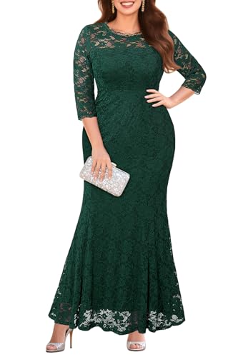 Image of Pinup Fashion Plus Size Formal Dress Women Wedding Lace Evening Gowns | Elegant lace mermaid evening gown, sheer 3 /4 sleeves, ideal for mother of the bride, prom, wedding guest
