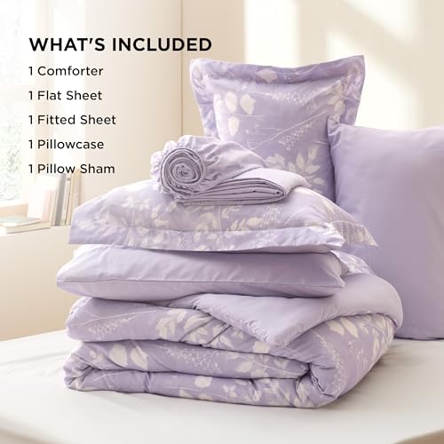 Image of Bedsure Floral Lavender Comforter Set, Twin Bedding Sets, 5 Piece | Bed in a Bag, Comforters, Bedroom, Reversible, Fluffy, Whisper-Quiet, All-Season, Polyester, Easy Care, Botanical-Chic, OEKO