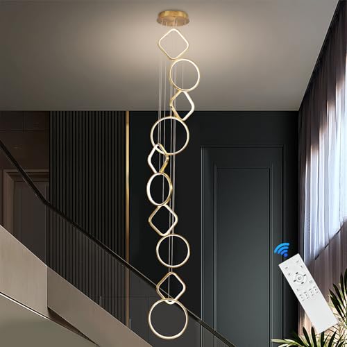 AIRYPHANT Gold High Ceiling Chandelier 10 Rings Modern LED Chandeliers Long Chandelier for Entryway Dimmable Staircase Flush Mount Chandeliers for Living Room, 3000-6500K