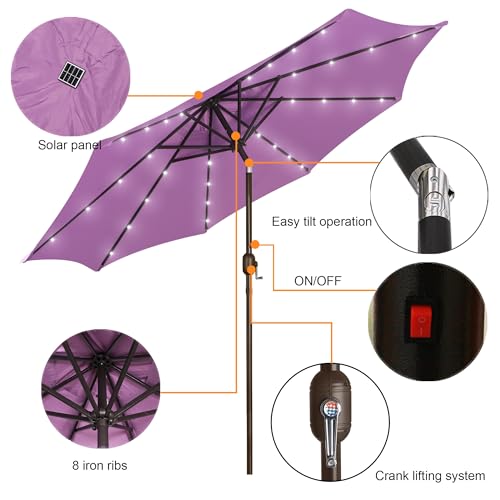 Image of Blissun 9 ft Solar Umbrella, Patio Umbrella with 32 LED Lights, Table Market Umbrella, Outdoor Umbrella for Garden, Deck, Backyard (Lilac)