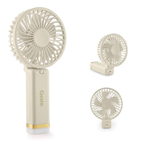 Image of Gesto Portable Fan Rechargeable with LED Light - Foldable Mini Fan, Small Fan,USB Charging Hand Fan with 1200mAh Battery & 3 Speed Modes | Travel, Makeup, Kitchen,Women's Personal Pankhaa - White