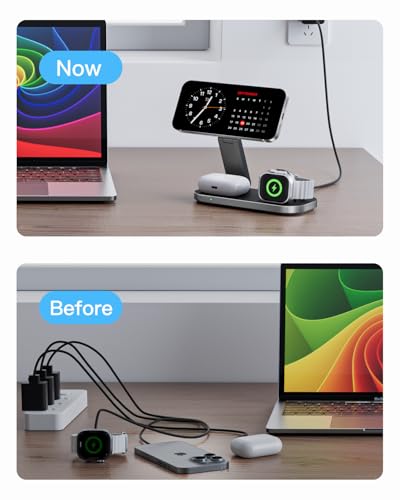 Image of Keepro 3-in-1 Charging Station for Apple Device, Foldable Magnetic Wireless Fast Charger Stand Compatible with MagSafe for iPhone 17e /17 /16 /15 /14 /13 /12 /Air Series, Apple Watch & AirPods-Black