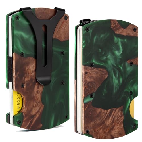 Image of Wallet for Men, Minimalist Slim RFID Blocking Resin Wood Credit Card Holder with Money Clip, Easily Removable Cash&Card Metal Wallet,Resin River,Natuarl Walnut Wood,Unique Pattern,Gift for Men