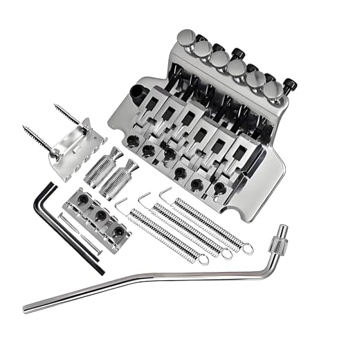 Double Locking Tremolo Bridge System with Arm - Compatible with Floyd Rose & Strat Electric Guitars Chrome Replacement Part (Silver)
