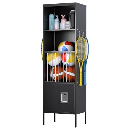 Image of Aobabo 72 inch H Metal Sports Lockers for Stores Sports Gear Footballs, Rugby Balls and Tennis,Storage Lockers for School, Gym, Black, Assembly Required