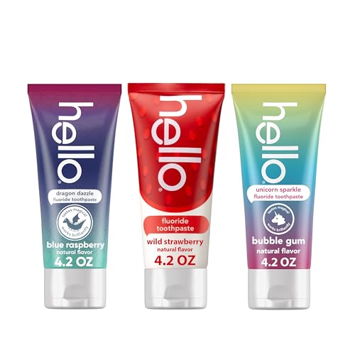 Image of hello Kids Fluoride Toothpaste Variety Pack, Includes a Strawberry, Unicorn Bubble Gum, and Blue Raspberry Toothpaste, Safe for Ages 2 and Up, 3 Pack, 4.2 Oz Each