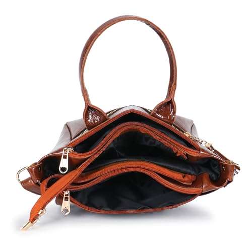 Image of Croco Pattern Premium Synthetic Leather Handbag For Women Top Handle Shoulder Bag Adjustable & Detachable Sling Strap Stylish Handbag For Ladies (Tan) (Tan)