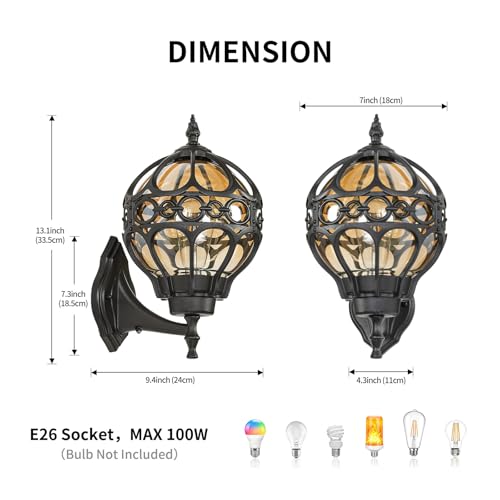 Dusk to Dawn Outdoor Wall Lights, Black Globe Aluminum Exterior House Lantern with Amber Glass, Anti-Rust Waterproof Outside Round Wall Lighting Fixtures for Patio Doorway Garage