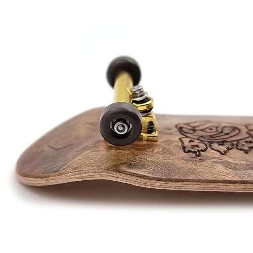 SPITBOARDS 34 mm Fingerboard Complete Wood Pro Set-Up (Pre-Assembled, 5-Layers), Pro Trucks, CNC Bearing Wheels, Foam Grip Tape (Deck: Burl Wood, Trucks: Gold, Wheels: Brown)