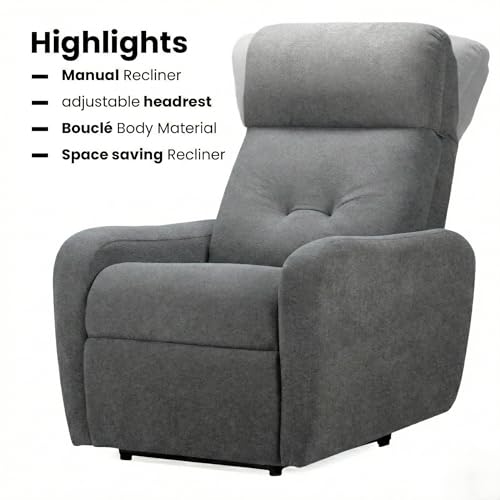 Image of EVA Manual Recliner Chair with Adjustable Headrest | Grey Boucle Fabric Upholstery | Ergonomic Single Seater Recliner for Living Room & Home Theater | 18 Months Warranty