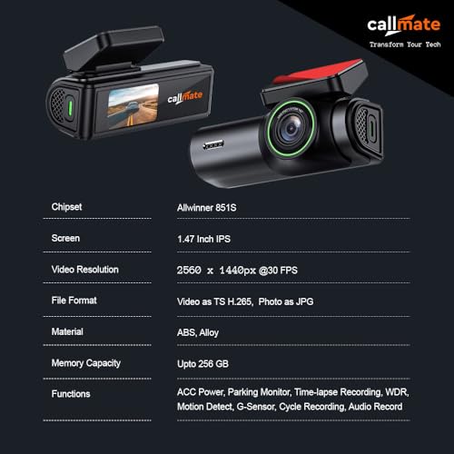Image of CALLMATE Road Master 2K Ultra HD Dashboard Camera, 1.47 inch IPS Display, (G-Sensor, Built in Speaker, TF Card Slot) with Easy Installation (App Control, 140 Wide Angle Lens) Support Upto 256 GB