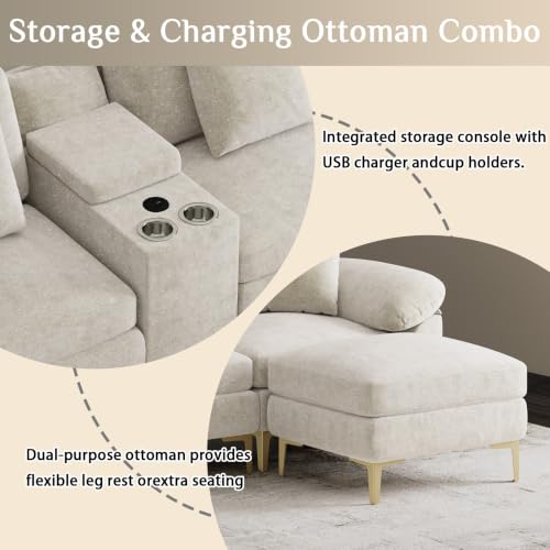 Image of OUYESSIR U-Shaped Sectional Sofa Couch, 4 Seat Sofa Set for Living Room, Convertible U-Shaped Chenille Couch Set with USB Port Central Console Ottoman,128 inches (Beige White)