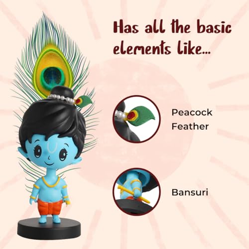 Image of Lord Shri Krishna Idol for Car Dashboard Bobblehead, Home Decor Items for Living Room, Office Desk, Murti for Gifting, Statue for Good Luck,Superhero Action Figure, Little Mor Pankh and Bansuri