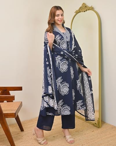 Image of Klosia Women Printed A-Line Kurta and Pant Set with Dupatta | Printed Kurta Set | A-Line Kurta Set | Women Kurta Sets | Summer Suit |