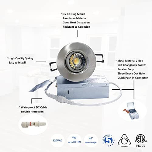 Image of POPANU Premium Canless Recessed Gimbal Downlight Rotatable-Spotlight 5 CCT Eyeball Ceilling Potlight, Dimmable Lights Fixture with Junction Box, 8W CCT Adjustable (Brushed Nickel, 3 Inch)