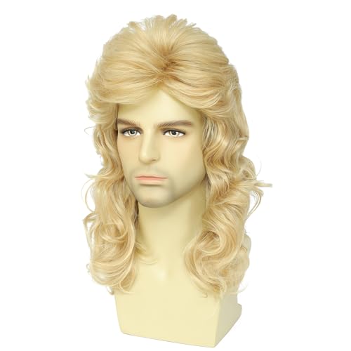 Image of Men's 80s Curly Mullet Wig Set, Retro Rocker Costume for Halloween Party & Cosplay (Light Blonde)