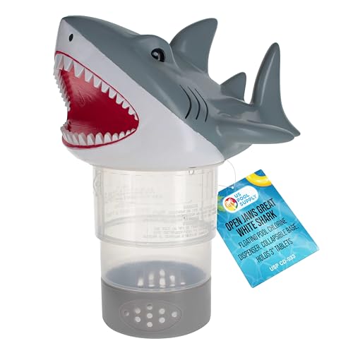 U.S. Pool Supply Open Jaws Great White Shark Floating Pool Chlorine Dispenser, Collapsible Base, Holds 3' Tablets - Scary Teeth, Fun Animal Float Floater Decoration, Adjustable Balanced Delivery, Spa