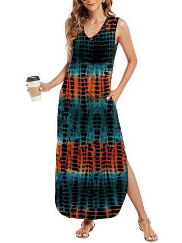 Image of Arolina Maxi Dress for Women Tropical Summer V Neck Sleeveless Split Long Beach Dresses Casual Loose Sundress with Pockets
