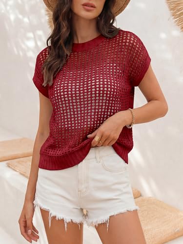 Image of ANRABESS Short Sleeve Sweater for Women Summer Crochet Knit Tops