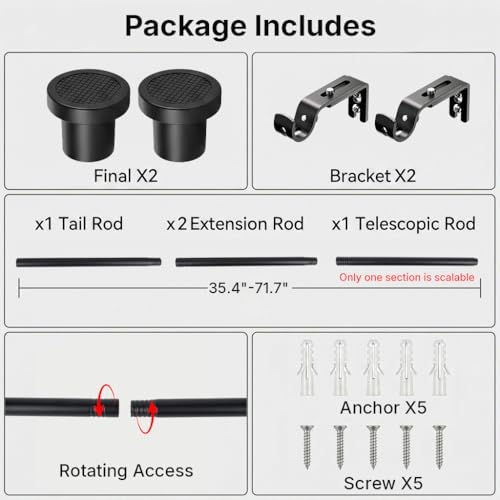 Image of HASTHIP Carbon Steel Curtain Rod Telescopic 80-182cm, Adjustable Length Extendable Drapery Rod with Wall Mount Brackets, Black Curtain Pole for Windows, Living Room Bedroom Home Decor