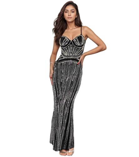Image of PORRCEY Women's Sexy Rhinestone Mesh See Through Party Night Prom Dress
