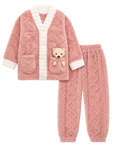 Image of JiAmy Girls Boys Flannel Pyjamas Set Button Down Plush Pocket 130, Pink