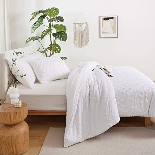 Yirddeo White Comforter Queen Size 3Pcs, Boho Comforter Set Queen White Farmhouse Bedding Sets Queen, Vertical Tufted Comforter, Lightweight Neutral Boho Bed Set (1 Comforter, 2 Pillowcases) #TOP4
