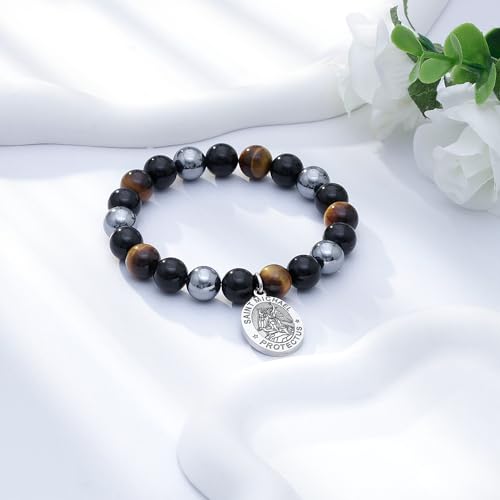 LIUANAN St Michael Bracelet for Men with Tiger Eye, Hematite, and Obsidian Saint Michael the Archangel Religious Gift Christian Faith Jewelry Protection Bracelet3