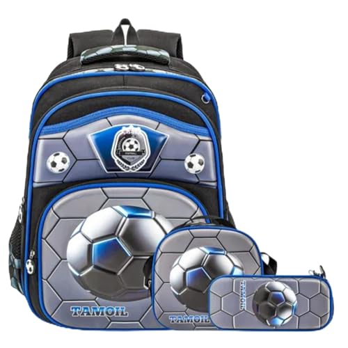 NOVEVE Kit Mochila Infantil 3d,Com Lancheira E Estojo Impermeável Azul Design De Futebol De Futebol 3d