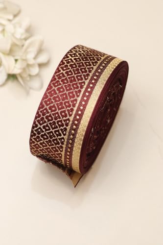 Image of Banarasi Silk Border Lace for Saree, Dupatta, Lehenga, Suit, Blouse & Home Furnishing, Crafting DIY (Maroon Gold, 9 Meters x 2.25 Inch)