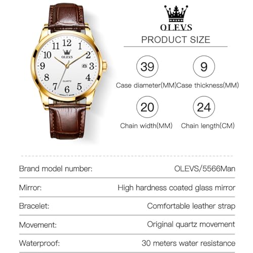Image of OLEVS Watch Men Mens Watches Watches for Men Leather Band Classic Brown Leather Watch Men, Analog Watch Men, Black Mens Leather Watch, Dress Waterproof Large Face Mens Watch,Relojes para Hombres Watch