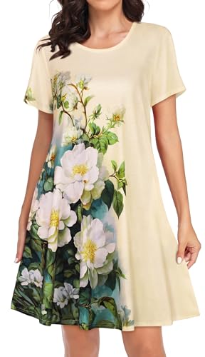 Image of Womens Summer Dresses Beach Casual Loose Tshirt Floral Short Sleeve Flowy Pockets Sundresses 2026