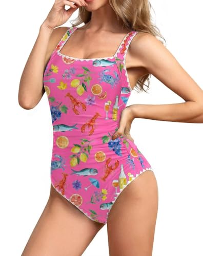 Image of Upopby Women's Vintage Padded Push up One Piece Swimsuits Tummy Control Bathing Suits Plus Size Swimwear