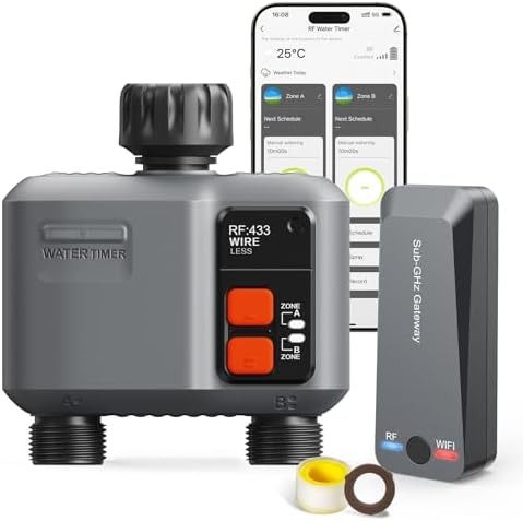 WiFi Sprinkler Timer 2 Zone with 984 Feet RF Gateway, 2 Outlet Smart Water Timer for Garden Hose with Rain Delay/Manual/Automatic,WiFi Water Hose Timers for Garden & Lawns